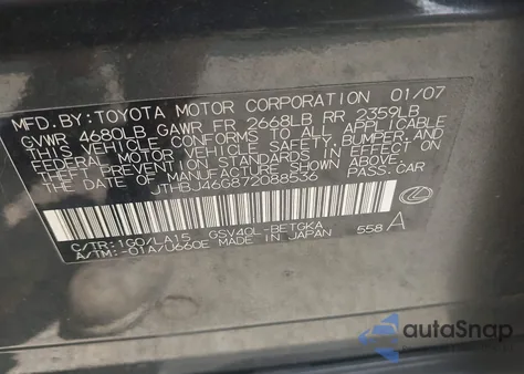 2007 Lexus Es 350 из США, поврежденный, VIN JTHBJ46G872088536